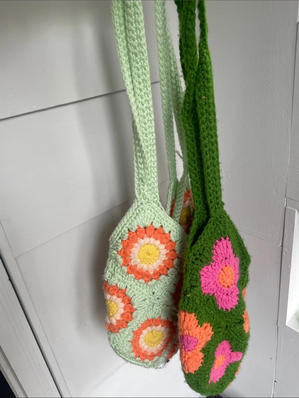 Crochet Floral Tote Bag in Green with Pink & Orange Flowers